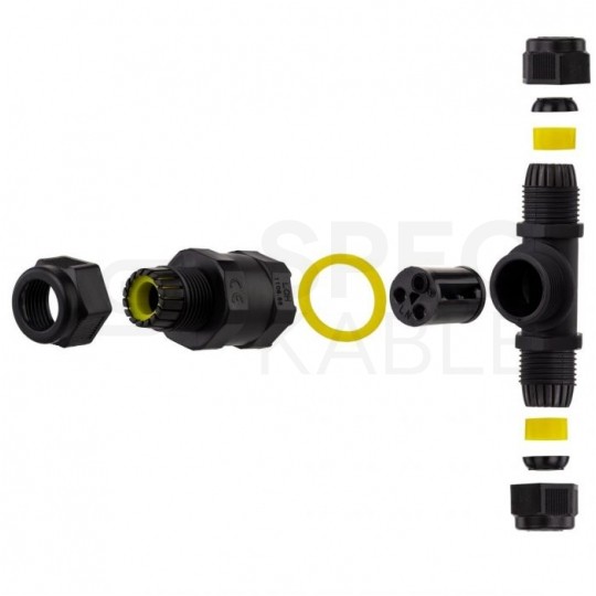 Mufa kablowa z dławikami na kable do 3x1,5mm2 hermetyczna IP68 trójnik czarna ELCAN