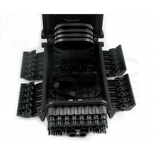 Mufa przełącznica światłowodowa podwieszana FO na 24 adapterów SC simplex 2:24 ( 2 wejścia, 24 wyjść ) z tackami ( 48 spawów ) + dławiki czarny IP67 GFP-24CL TELCOLINE