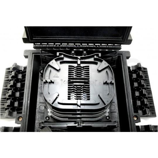 Mufa przełącznica światłowodowa podwieszana FO na 24 adapterów SC simplex 2:24 ( 2 wejścia, 24 wyjść ) z tackami ( 48 spawów ) + dławiki czarny IP67 GFP-24CL TELCOLINE