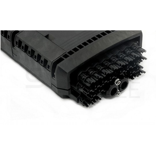 Mufa przełącznica światłowodowa podwieszana FO na 24 adapterów SC simplex 2:24 ( 2 wejścia, 24 wyjść ) z tackami ( 48 spawów ) + dławiki czarny IP67 GFP-24CL TELCOLINE