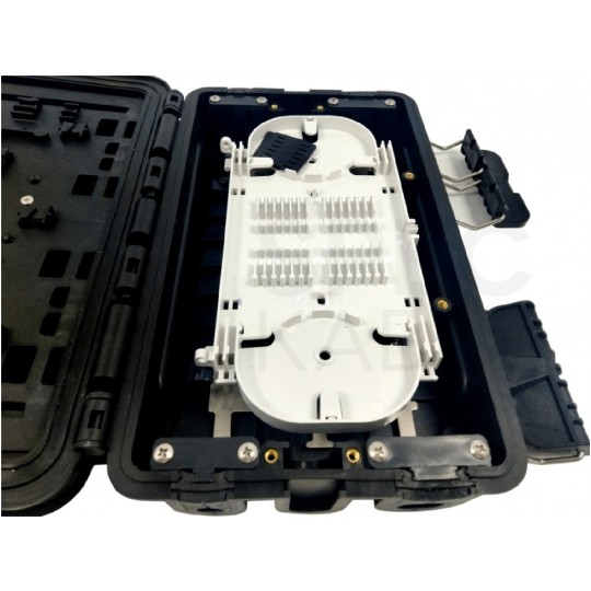 Mufa przełącznica światłowodowa podwieszana FO na 24 adapterów SC simplex 4:16 ( 4 wejścia, 16 wyjść ) z tackami ( 24 spawów ) + czarny IP65 GFP-16HG TELCOLINE