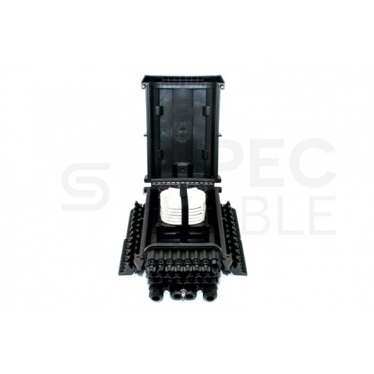 Mufa przełącznica światłowodowa podwieszana FO na 24 adapterów SC simplex 4:24 ( 4 wejścia, 24 wyjść ) z tackami ( 144 spawów ) + dławiki czarny IP67 GFP-24C-2 TELCOLINE