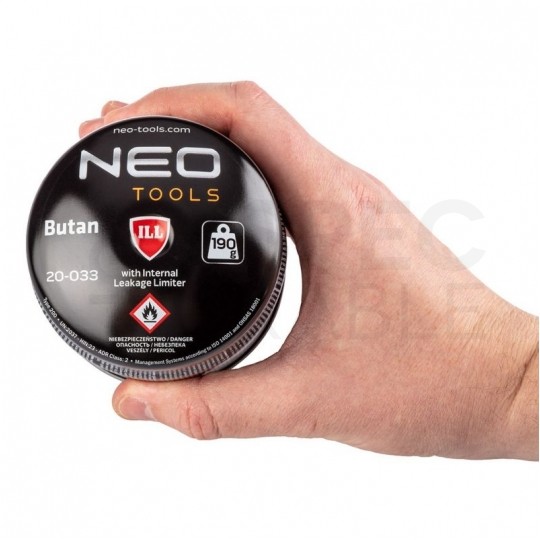 Nabój, kartusz gazowy BUTAN nabijany 190g NEO 20-033 do palnika, kuchenki turystycznej, lampy lutowniczej, lampy gazowej