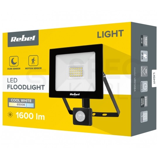Naświetlacz LED SMD 20W 1600lm 6500K IP44 czarny, z czujnikiem ruchu CW REBEL