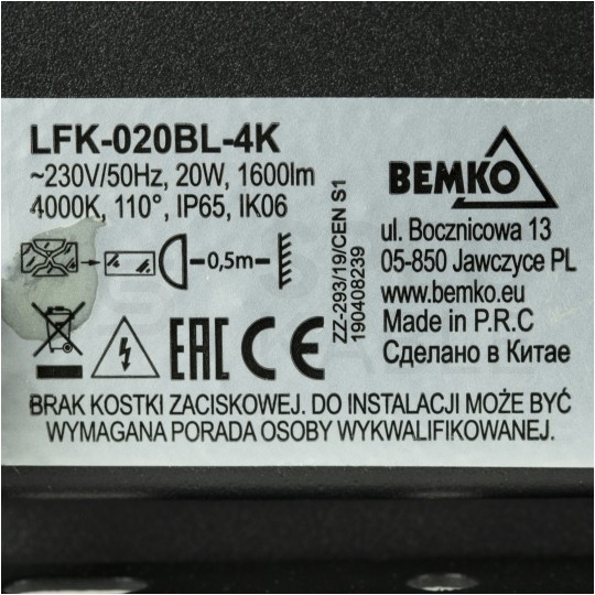 Naświetlacz LED SMD KASTEL 20W 1600lm 4000K IP65 czarny NW BEMKO