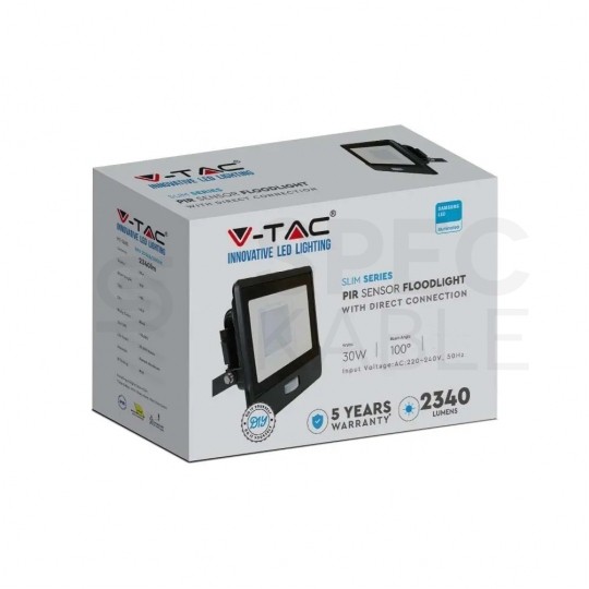 Naświetlacz, projektor LED SMD 30W 2340lm 4000K IP65 czarny z czujnikiem ruchu, mufa przyłączeniowa barwa NW biała neutralna V-TAC SAMSUNG VT-138S 5 LAT GWARANCJI
