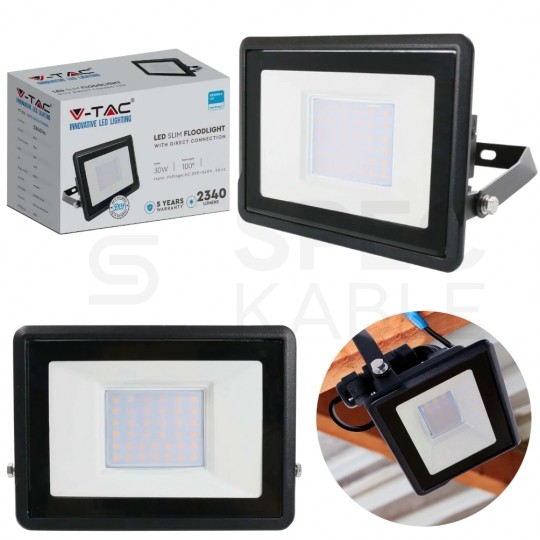 Naświetlacz, projektor LED SMD 30W 2340lm 4000K IP65 czarny z mufa przyłączeniowa barwa NW biała neutralna V-TAC SAMSUNG VT-138 5 LAT GWARANCJI