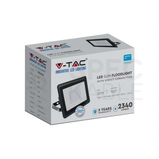 Naświetlacz, projektor LED SMD 30W 2340lm 4000K IP65 czarny z mufa przyłączeniowa barwa NW biała neutralna V-TAC SAMSUNG VT-138 5 LAT GWARANCJI