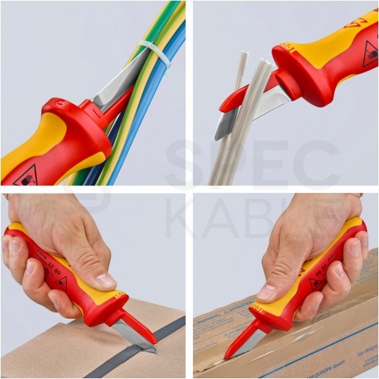 Nóż do ściągania izolacji kabli 190mm izolowany VDE 1kV dla elektryka z grzbietem chroniącym przed zwarciem KNIPEX 98 54