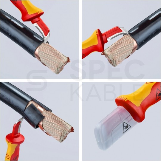 Nóż hakowy do ściągania izolacji kabli 180mm ze stopką prowadzącą izolowany VDE 1kV dla elektryka KNIPEX 98 55