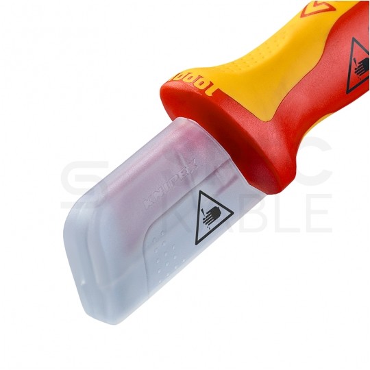 Nóż hakowy do ściągania izolacji kabli 180mm ze stopką prowadzącą izolowany VDE 1kV dla elektryka KNIPEX 98 55
