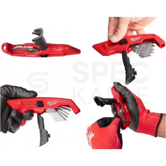 Nóż otwierany z wysuwanym wymiennym ostrzem trapezowym 28mm magazynek w rękojeści HEAVY DUTY MILWAUKEE