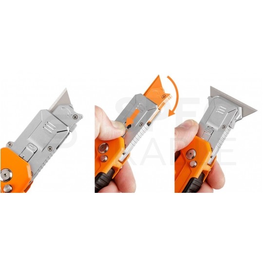 Nóż składany z wymiennym ostrzem trapezowym SK2, z blokadą (0°, 45°, 90°) i skrobakiem NEO 63-708