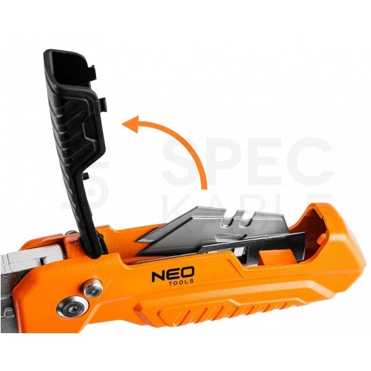 Nóż składany z wymiennym ostrzem trapezowym SK2, z blokadą (0°, 45°, 90°) i skrobakiem NEO 63-708