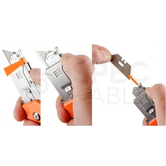 Nóż składany z wymiennym ostrzem trapezowym SK2, z blokadą (0°, 45°, 90°) i skrobakiem NEO 63-708