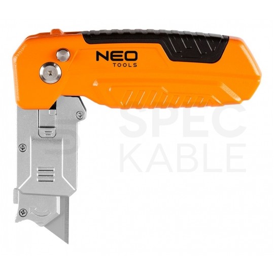 Nóż składany z wymiennym ostrzem trapezowym SK2, z blokadą (0°, 45°, 90°) i skrobakiem NEO 63-708