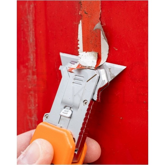 Nóż składany z wymiennym ostrzem trapezowym SK2, z blokadą (0°, 45°, 90°) i skrobakiem NEO 63-708