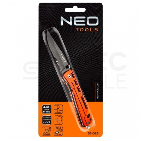 Nóż składany ze stali nierdzewnej z ostrzem do cięcia pasów, z blokadą 200/85mm NEO 63-026