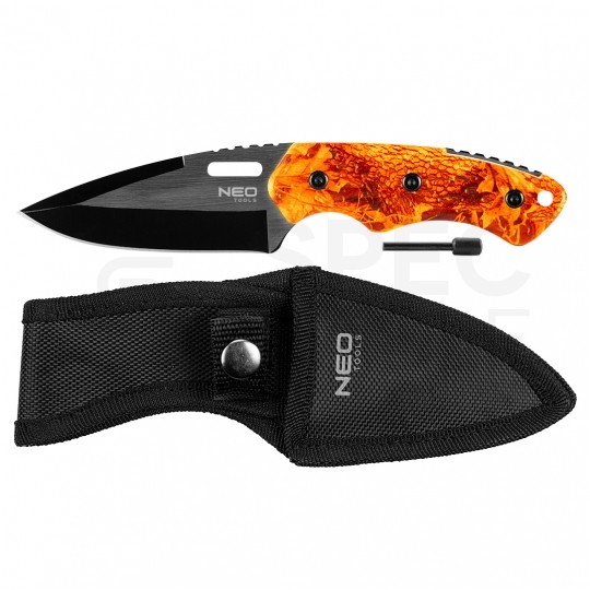 Nóż taktyczny ze stali nierdzewnej (rękojeść aluminiowa) 200/90mm FULL-TANG + krzesiwo, etui 2w1 NEO 63-109