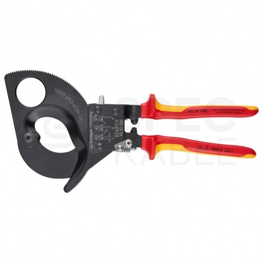 Nożyce zapadkowe do cięcia kabli miedzianych i aluminiowych (do 52mm / 380mm2) 280mm izolowane 1000V VDE KNIPEX 95 36 280