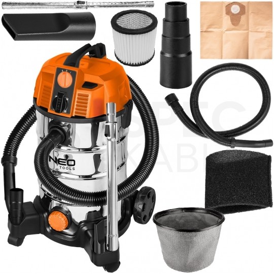Odkurzacz przemysłowy sieciowy 230V 1600W do pracy na mokro i sucho ze zbiornikiem 35L w zestawie z akcesoriami NEO TOOLS 04-739