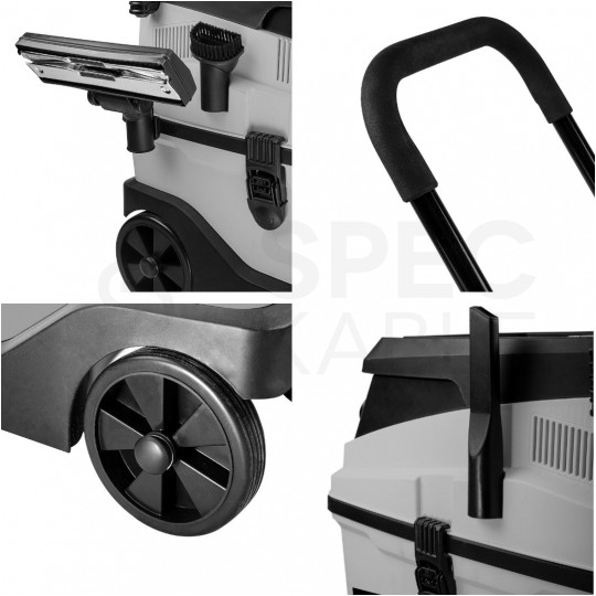 Odkurzacz przemysłowy sieciowy 230V 1600W na kółkach do pracy na mokro i sucho ze zbiornikiem 30L w zestawie z akcesoriami GRAPHITE 59G610