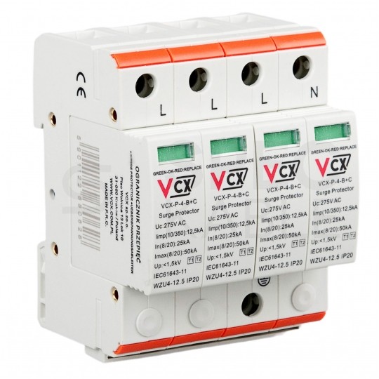 Ogranicznik przepięć SPD 3-fazowy B+C (Typ 1+2) 4P 8kA + 25kA/50kA iskiernikowy VCX Professional