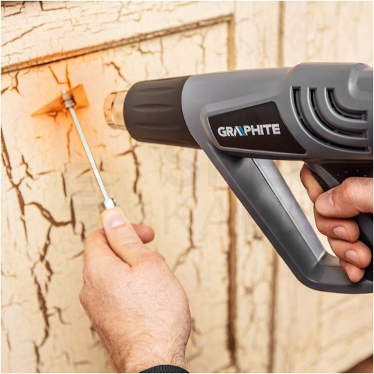 Opalarka sieciowa 230V 2000W, 3 biegi (I: 300l/min; II: 150l/min; III:500l/min), zakresie temperatur (I: 25°C, II: 350°C III: 550°C) w zestawie z akcesoriami i walizką GRAPHITE 59G522