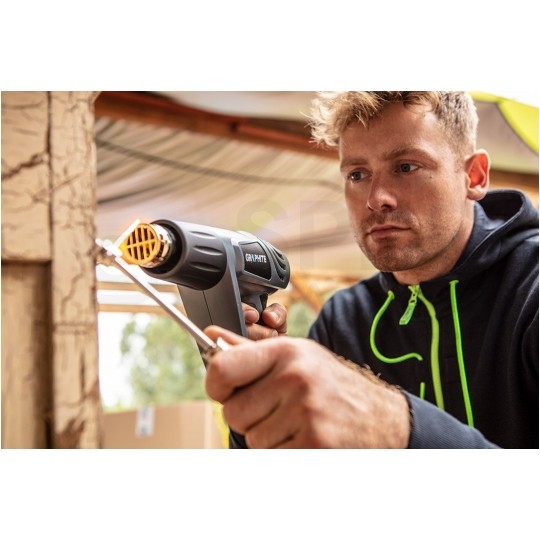 Opalarka sieciowa 230V 2000W, 3 biegi (I: 300l/min; II: 150l/min; III:500l/min), zakresie temperatur (I: 25°C, II: 350°C III: 550°C) w zestawie z akcesoriami i walizką GRAPHITE 59G522