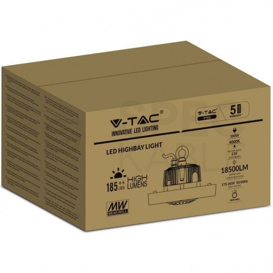 Oprawa przemysłowa LED SMD 100W 18500lm 4000K IP65 czarna barwa NW biała neutralna IK08 HighBay V-TAC VT-9119 5 LAT GWARANCJI