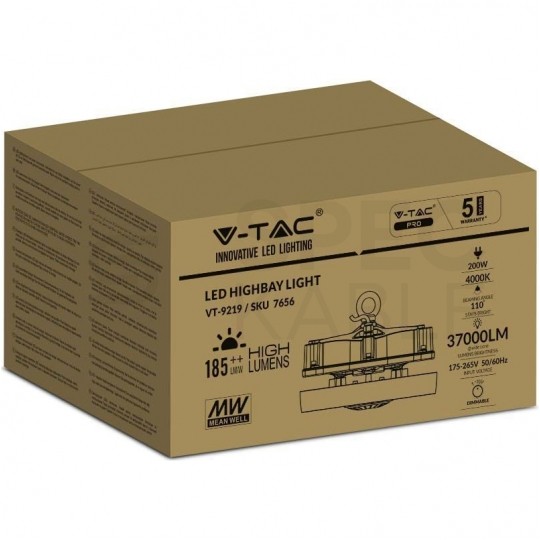 Oprawa przemysłowa LED SMD 200W 37000lm 6500K IP65 czarna barwa CW biała zimna IK08 HighBay V-TAC VT-9219 5 LAT GWARANCJI