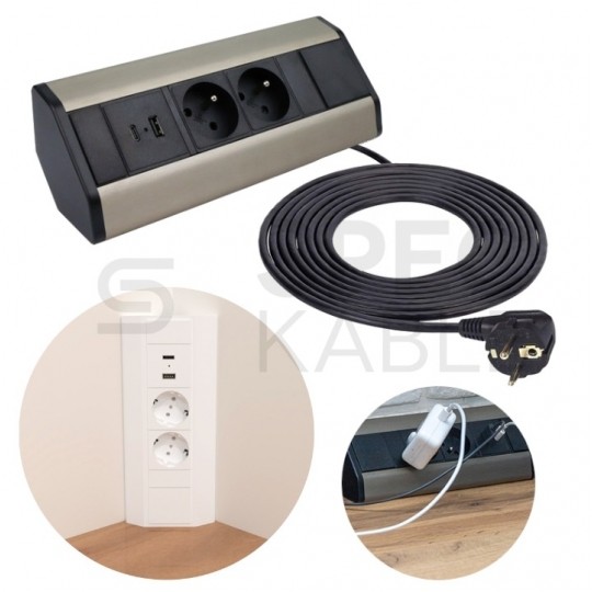 OUTLET Gniazdo meblowe narożne CORNER BOX srebrno-czarne podwójne 2x [2P+Z] 16A + gniazdo ładowania USB A + USB C (5V / 2,1A) z przewodem 1,8m