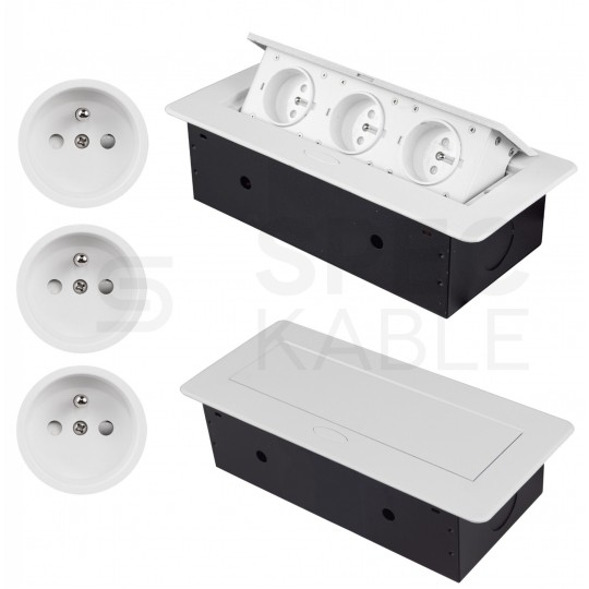 OUTLET Gniazdo meblowe wpuszczane w blat potrójne 3x 230V 2P+Z z przewodem 1,5m metalowe białe ADELID