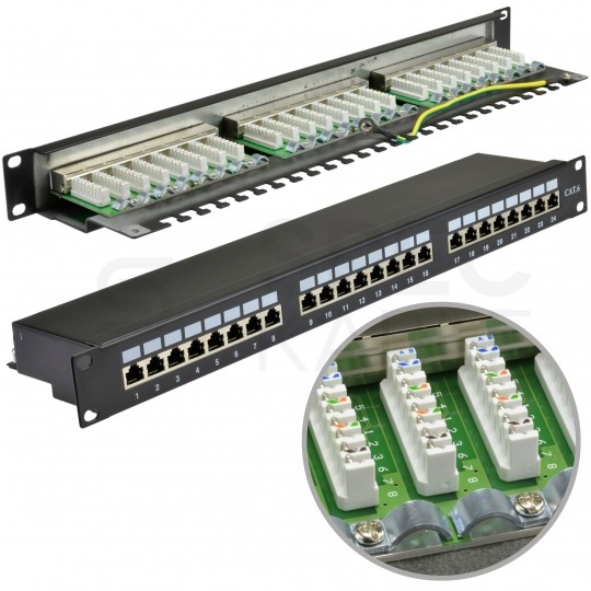 OUTLET Patch panel RACK 19" kat.6 24p FTP z półką 1U czarny BLANK