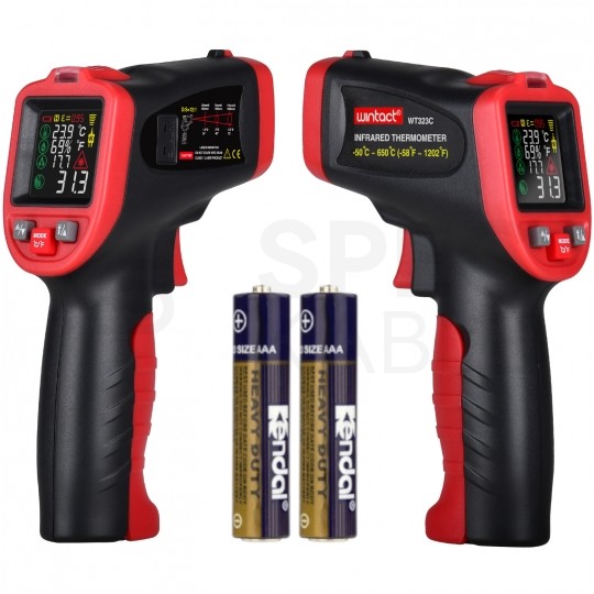 OUTLET Pirometr WT323C bezdotykowy termometr laserowy [-50 ÷ +650°C] z regulacją emisyjności, kolorowym wyświetlaczem LCD i termoparą typu K WINTACT