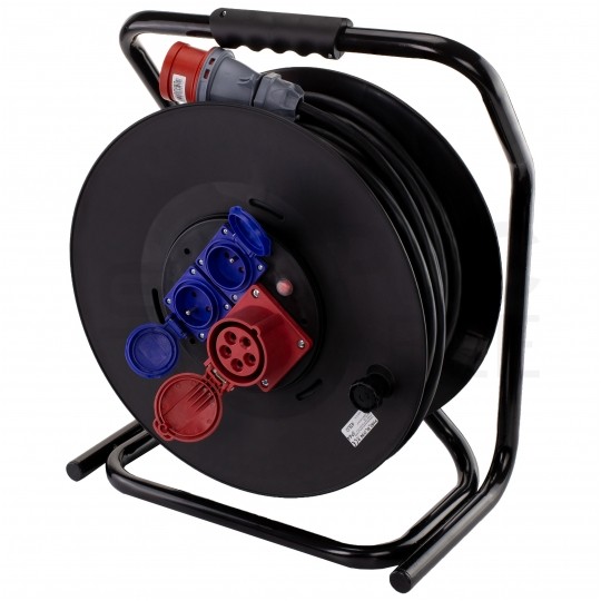 OUTLET Przedłużacz siłowy zwijany na bębnie Rozgałęźnik budowlany na 1 gniazdo siłowe [5p] 400V 16A + 2 gniazda [2P+Z] 230V 16A IP44 na kablu OW 3x2,5mm2 50m
