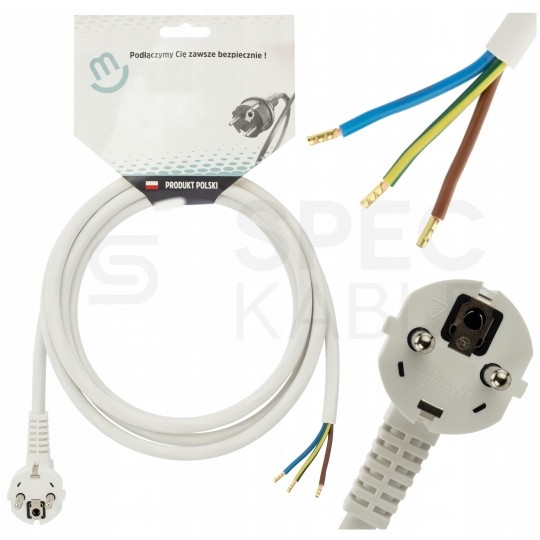 OUTLET Przewód zasilający OWY (H05VV-F) 3x2,5mm2 biały 2,5m z wtyczką kątową [2P+Z] Uni-Schuko do piekarników, kuchenek, AGD, płyt indukcyjnych itp.