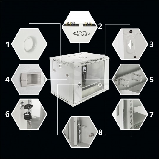 OUTLET Szafa wisząca RACK 19" 4U 450mm drzwi szklane szara NEKU TS BOX
