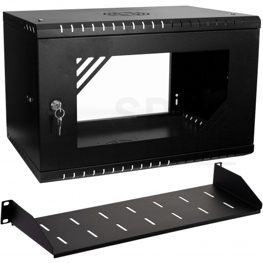 OUTLET Szafa wisząca RACK 19" 6U 350mm czarna z półką przeszklona PRO LIGHT