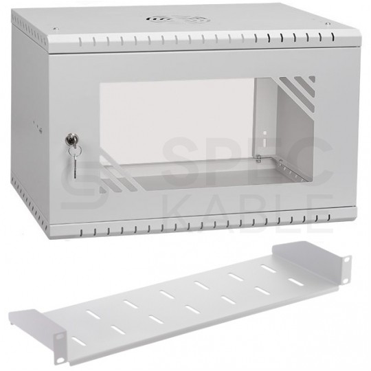 OUTLET Szafa wisząca RACK 19" 6U 350mm drzwi szklane szara z półką PRO LIGHT