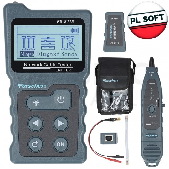 OUTLET Tester kabli sieciowych RJ45 PREMIUM z funkcją Lokalizatora par, pomiaru PoE i długości przewodu FORSCHER FS8115
