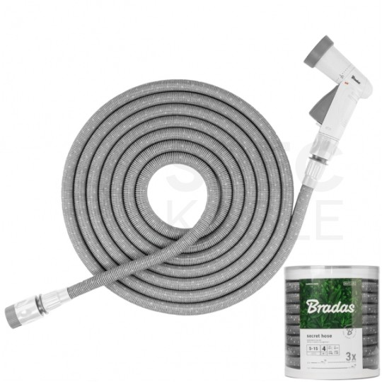 OUTLET Wąż ogrodowy 3/4" rozciągliwy szary 5-15m + złączki + zraszacz pistoletowy wielofunkcyjny Komplet zraszający Secret Hose BRADAS
