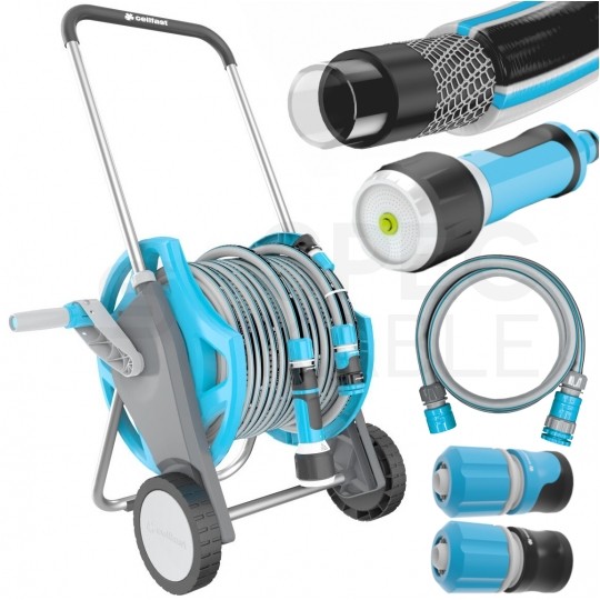 OUTLET Wózek ogrodowy Discover z wężem Multiflex 1/2" 30m zraszacz prosty wielofunkcyjny szybkozłacze stop/przelot oraz zestaw przyłączeniowy CELLFAST