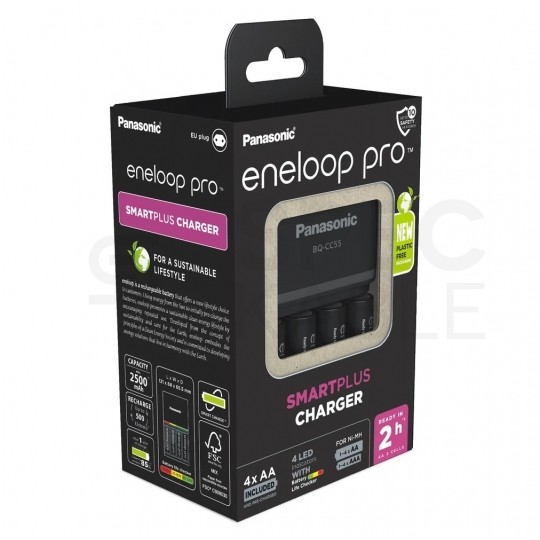 Panasonic Zestaw Ładowarka akumulatorów 4x Ni-MH (R6 AA / R03 AAA) Panasonic Eneloop BQ-CC55 z 4 akumulatorami Eneloop Pro Ni-MH [R6 AA] 2500mAh