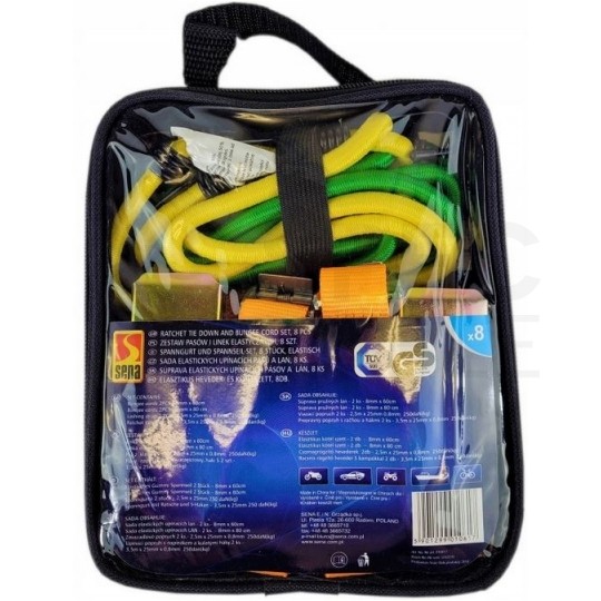 Pasy transportowe z napinaczem i klamrami + linki elastyczne Zestaw 8 sztuk w etui SENA