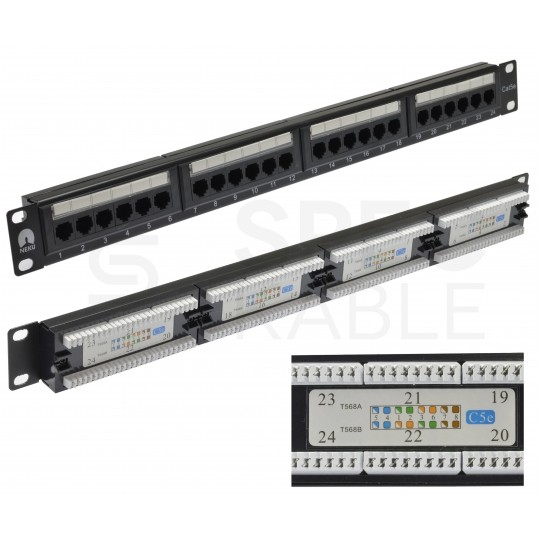 Patch panel RACK 19" kat.5e 24p UTP 1U czarny NEKU