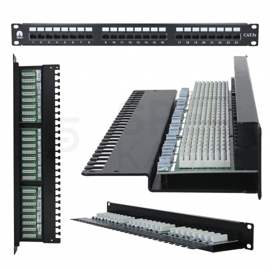 Patch panel RACK 19" kat.5e 24p UTP z półką 1U czarny NEKU