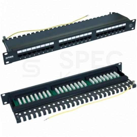 Patch panel RACK 19" kat.5e 24p UTP z półką i pokrywą 1U czarny ZPAS