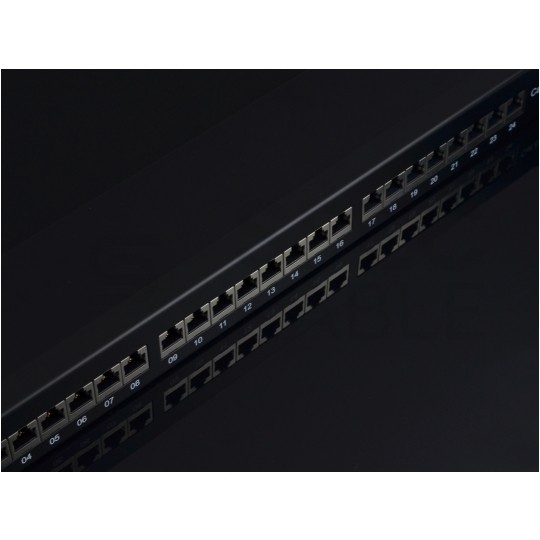 Patch panel RACK 19" kat.6 24p STP z półką czarny Alantec