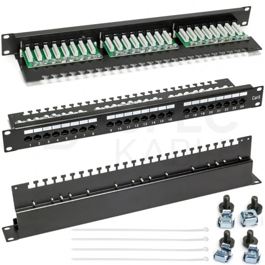 Patch panel RACK 19" kat.6 24p UTP z półką 1U czarny